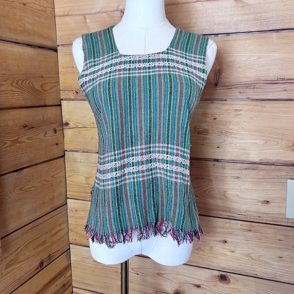 Vintage Handwoven Tank Top Women Small Green Striped Fringe Boho Artisan MCM